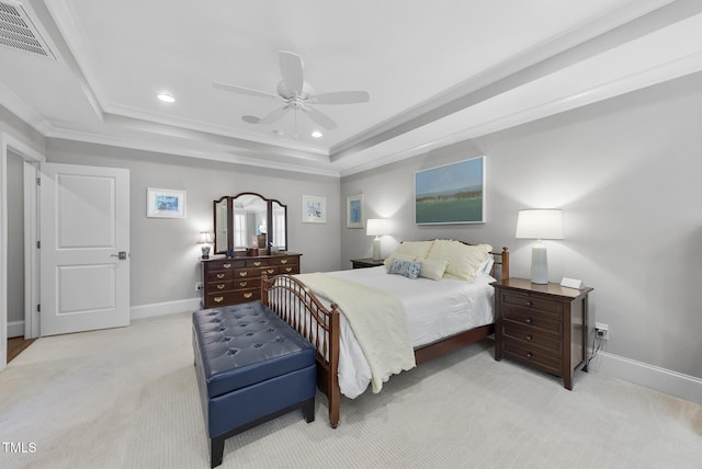 2153 Princeville Dr, Apex, NC 27523 - bedroom featuring carpet, a raised ceiling, crown molding, recessed lighting, and a ceiling fan