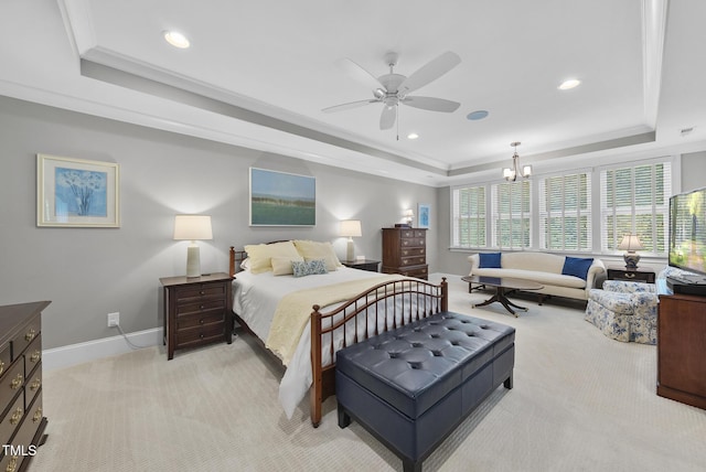 2153 Princeville Dr, Apex, NC 27523 - bedroom featuring a tray ceiling, light colored carpet, recessed lighting, crown molding, and a chandelier