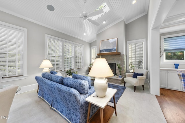2153 Princeville Dr, Apex, NC 27523 - living room with crown molding, a fireplace, recessed lighting, ceiling fan, and wooden ceiling