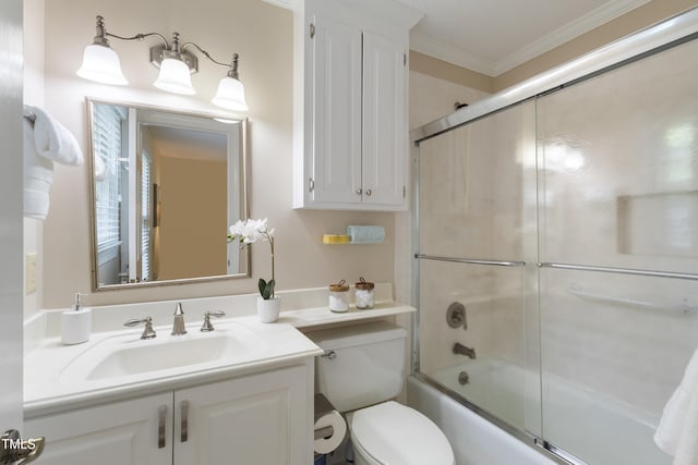 4009 Pepperton Dr, Raleigh, NC 27606 - full bath featuring crown molding, vanity, and bath / shower combo with glass door