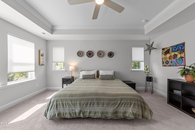 1315 Canary Pepper Dr Unit 28, Durham, NC 27713 - bedroom with a raised ceiling, crown molding, light carpet, and a ceiling fan