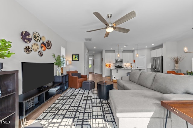 1315 Canary Pepper Dr Unit 28, Durham, NC 27713 - living area featuring ceiling fan, light wood-style floors, and recessed lighting