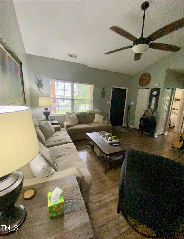 30 Bethany Ln, Youngsville, NC 27596 - living area with vaulted ceiling, ceiling fan, and wood finished floors