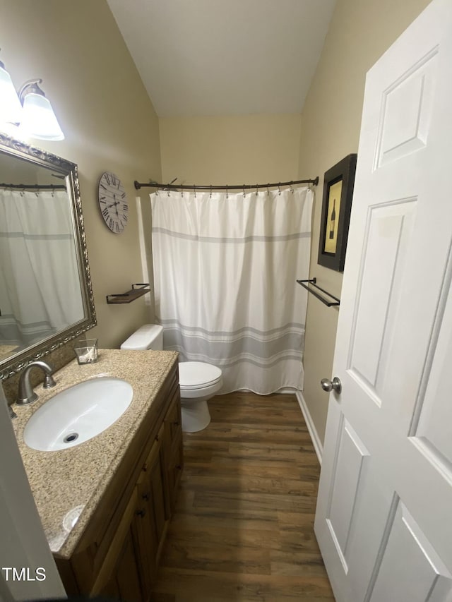 30 Bethany Ln, Youngsville, NC 27596 - full bathroom featuring vanity, wood finished floors, vaulted ceiling, and curtained shower