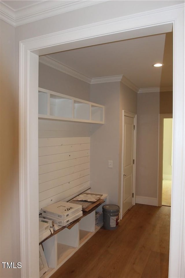 3501 Wesley Point Dr, Browns Summit, NC 27214 - mudroom with wood finished floors, crown molding, and recessed lighting