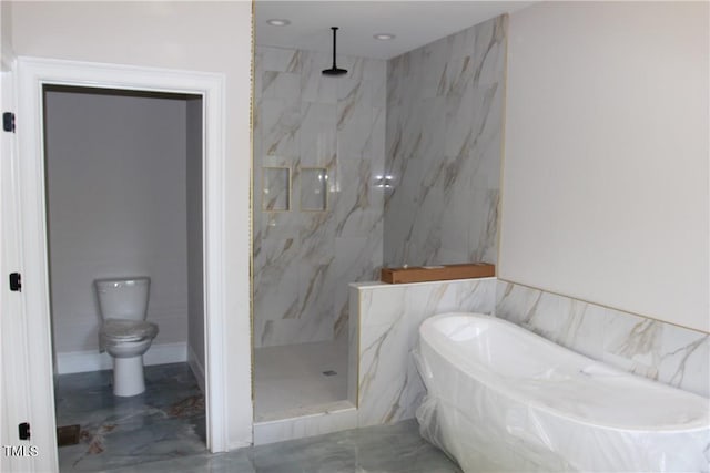 3501 Wesley Point Dr, Browns Summit, NC 27214 - bathroom with a freestanding bath, a marble finish shower, tile walls, and recessed lighting