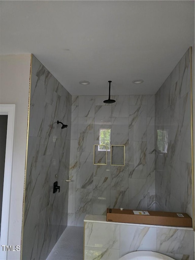 3501 Wesley Point Dr, Browns Summit, NC 27214 - full bathroom featuring a marble finish shower and recessed lighting