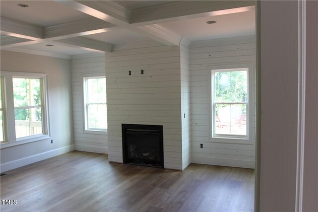 3501 Wesley Point Dr, Browns Summit, NC 27214 - unfurnished living room featuring light wood-style floors, a fireplace, beam ceiling, coffered ceiling, and wood walls