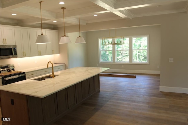 3501 Wesley Point Dr, Browns Summit, NC 27214 - kitchen featuring stainless steel appliances, coffered ceiling, dark wood-style floors, beam ceiling, and an island with sink