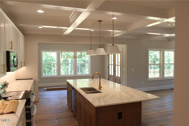 3501 Wesley Point Dr, Browns Summit, NC 27214 - kitchen with electric stove, coffered ceiling, dishwasher, dark wood-style floors, and beamed ceiling