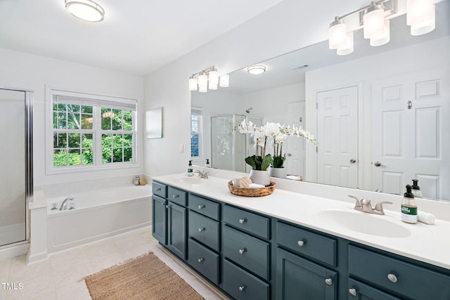 2800 Becketts Ridge Dr, Hillsborough, NC 27278 - bathroom with a shower stall, double vanity, a bath, and tile patterned floors