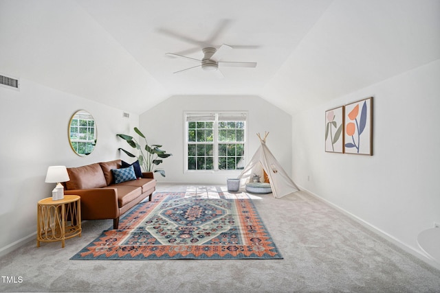 2800 Becketts Ridge Dr, Hillsborough, NC 27278 - carpeted living area featuring ceiling fan and vaulted ceiling