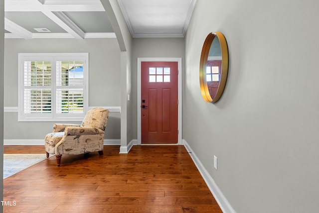 3313 Bentwinds Bluffs Ln, Fuquay Varina, NC 27526 - entrance foyer featuring wood-type flooring, crown molding, plenty of natural light, beamed ceiling, and coffered ceiling