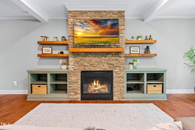 3313 Bentwinds Bluffs Ln, Fuquay Varina, NC 27526 - living area with wood finished floors, crown molding, and a fireplace