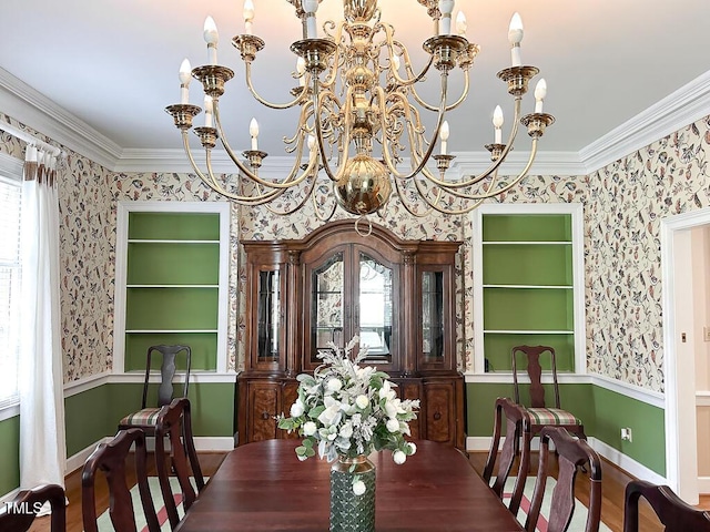 141 Country Club Dr, Henderson, NC 27536 - dining area with a chandelier, wallpapered walls, crown molding, and wood finished floors