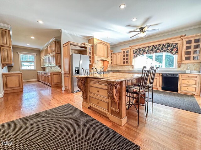 141 Country Club Dr, Henderson, NC 27536 - kitchen featuring black dishwasher, stainless steel refrigerator with ice dispenser, decorative backsplash, a center island with sink, and a ceiling fan