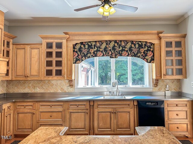 141 Country Club Dr, Henderson, NC 27536 - kitchen with stainless steel countertops, black dishwasher, decorative backsplash, a ceiling fan, and glass insert cabinets