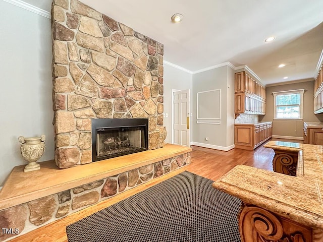 141 Country Club Dr, Henderson, NC 27536 - living room with ornamental molding, wood finished floors, a fireplace, and recessed lighting
