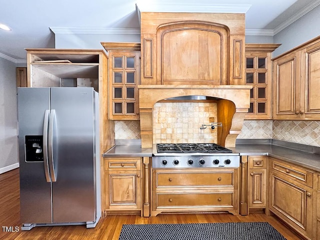 141 Country Club Dr, Henderson, NC 27536 - kitchen featuring stainless steel appliances, ornamental molding, dark wood finished floors, backsplash, and glass insert cabinets