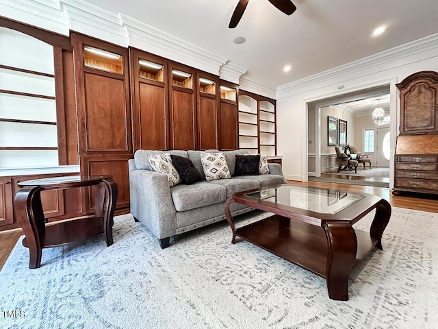141 Country Club Dr, Henderson, NC 27536 - living area featuring crown molding, a ceiling fan, light wood-style floors, and recessed lighting