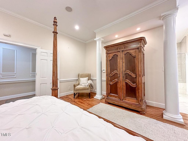 141 Country Club Dr, Henderson, NC 27536 - bedroom featuring ornate columns, wood finished floors, crown molding, and recessed lighting