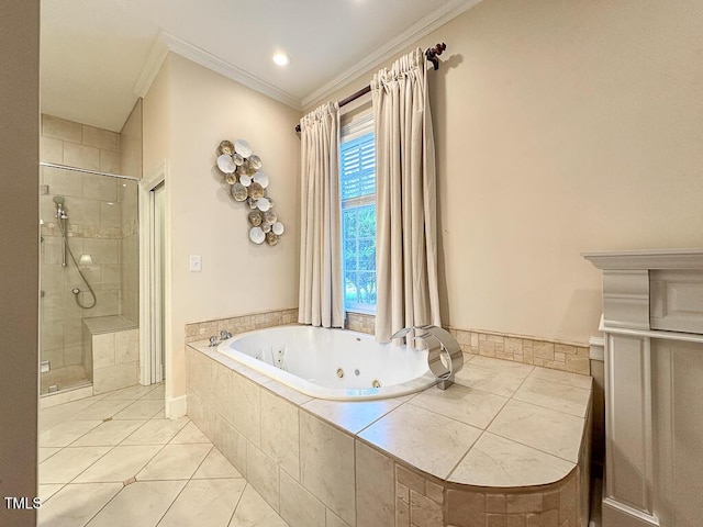 141 Country Club Dr, Henderson, NC 27536 - full bathroom with a stall shower, a whirlpool tub, ornamental molding, and tile patterned floors