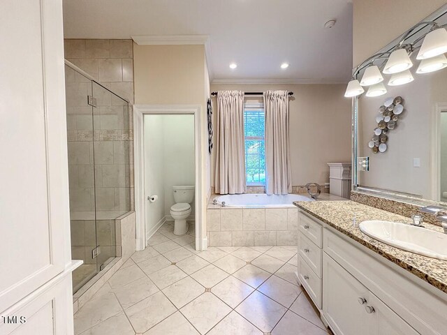 141 Country Club Dr, Henderson, NC 27536 - full bath with vanity, a garden tub, a shower stall, ornamental molding, and tile patterned flooring