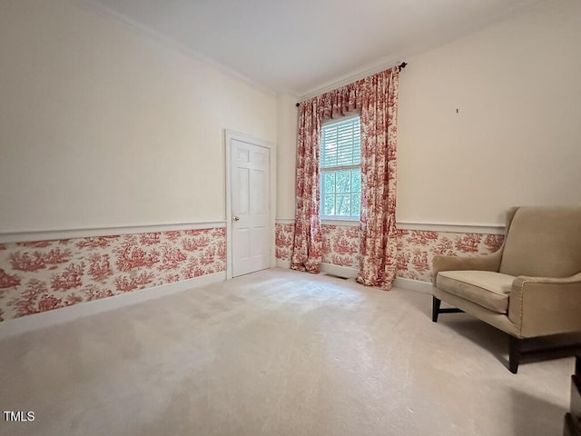 141 Country Club Dr, Henderson, NC 27536 - living area with carpet flooring, wallpapered walls, and crown molding