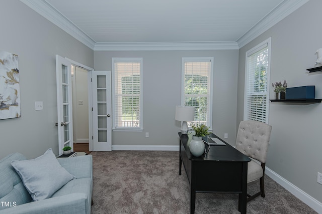 301 Grove Hall Ln, Mebane, NC 27302 - carpeted home office featuring healthy amount of natural light, french doors, and crown molding