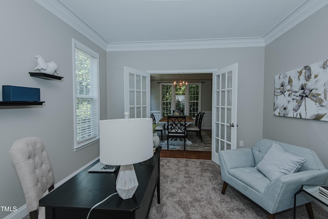 301 Grove Hall Ln, Mebane, NC 27302 - home office with a chandelier, ornamental molding, and french doors