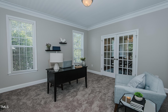 301 Grove Hall Ln, Mebane, NC 27302 - home office featuring french doors, ornamental molding, and carpet floors
