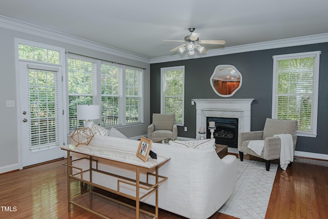 301 Grove Hall Ln, Mebane, NC 27302 - living area featuring crown molding, wood-type flooring, a fireplace, and a ceiling fan