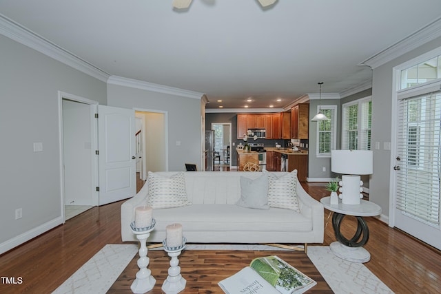 301 Grove Hall Ln, Mebane, NC 27302 - living area featuring dark wood-style floors, crown molding, recessed lighting, stairway, and ceiling fan