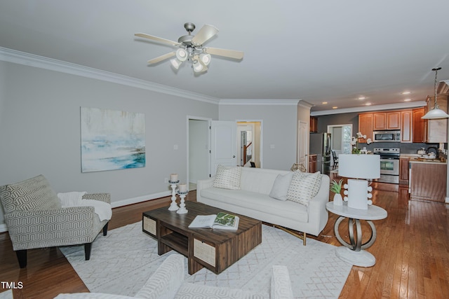 301 Grove Hall Ln, Mebane, NC 27302 - living room featuring ornamental molding, hardwood / wood-style floors, a ceiling fan, and recessed lighting
