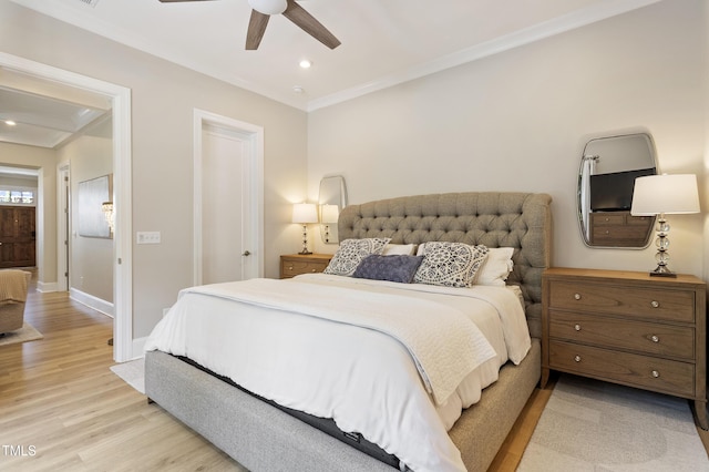 930 Watercolor Way, Durham, NC 27713 - bedroom with crown molding, light wood finished floors, recessed lighting, and ceiling fan