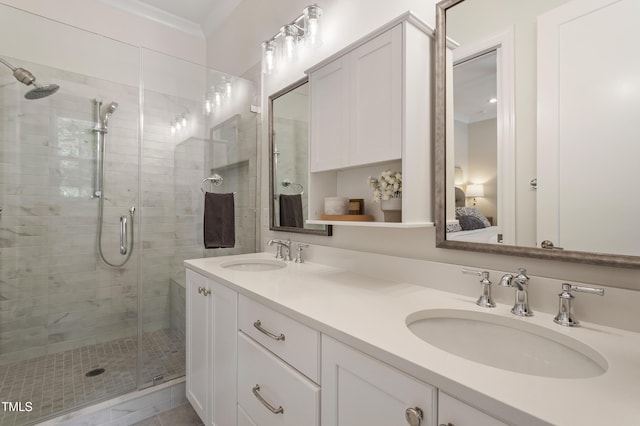 930 Watercolor Way, Durham, NC 27713 - full bathroom featuring ensuite bathroom, a shower stall, double vanity, and ornamental molding