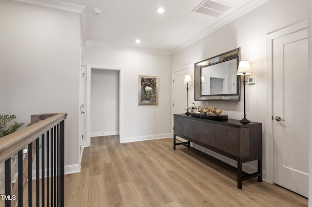 930 Watercolor Way, Durham, NC 27713 - hallway featuring light wood-style flooring, ornamental molding, and recessed lighting