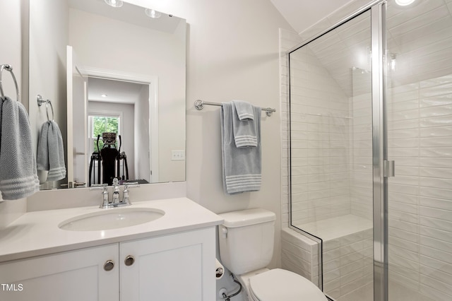 930 Watercolor Way, Durham, NC 27713 - bathroom with a stall shower, vanity, and lofted ceiling
