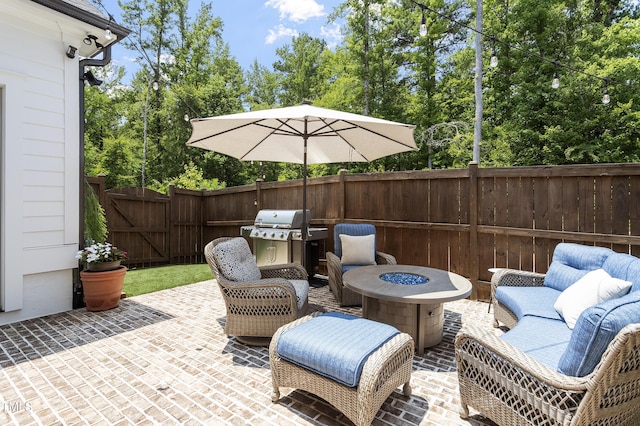 930 Watercolor Way, Durham, NC 27713 - view of patio / terrace with a fire pit, a grill, a gate, and view of wooded area