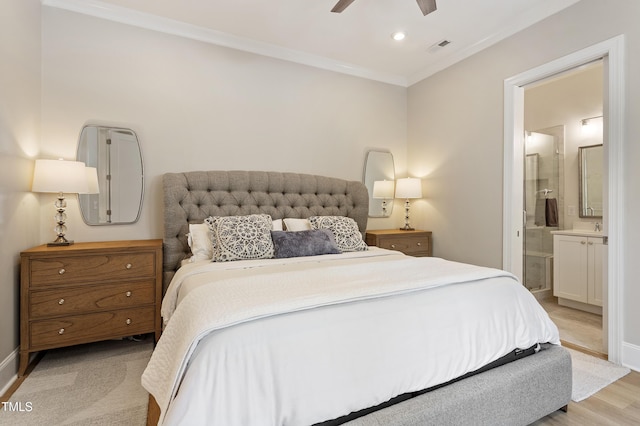 930 Watercolor Way, Durham, NC 27713 - bedroom with crown molding, ensuite bath, recessed lighting, light wood-type flooring, and a ceiling fan