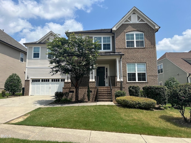 1521 Kythira Dr, Apex, NC 27502 - view of front of home with brick siding, concrete driveway, a garage, and a front lawn
