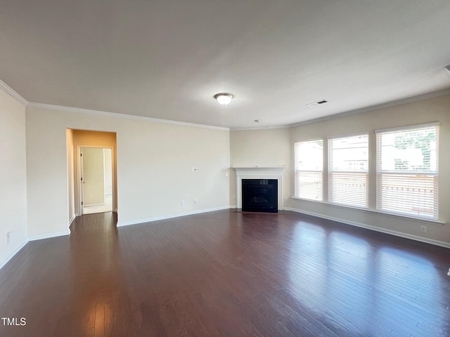 1521 Kythira Dr, Apex, NC 27502 - unfurnished living room with dark wood-style flooring, a fireplace with flush hearth, and ornamental molding
