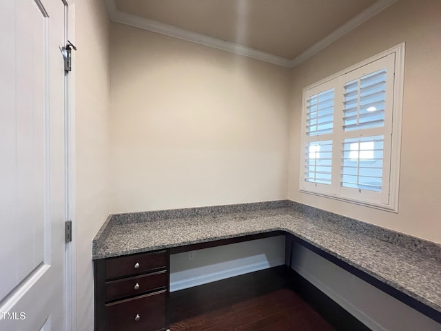 1521 Kythira Dr, Apex, NC 27502 - unfurnished office featuring crown molding, dark wood finished floors, and built in desk