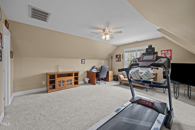 2424 Village Of Wakefield Dr, Zebulon, NC 27597 - exercise room with carpet flooring, vaulted ceiling, and a ceiling fan