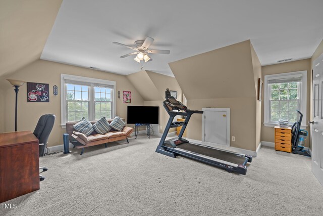 2424 Village Of Wakefield Dr, Zebulon, NC 27597 - exercise room with plenty of natural light, carpet, lofted ceiling, and ceiling fan