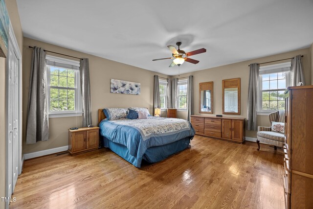 2424 Village Of Wakefield Dr, Zebulon, NC 27597 - bedroom with light wood-style flooring and a ceiling fan