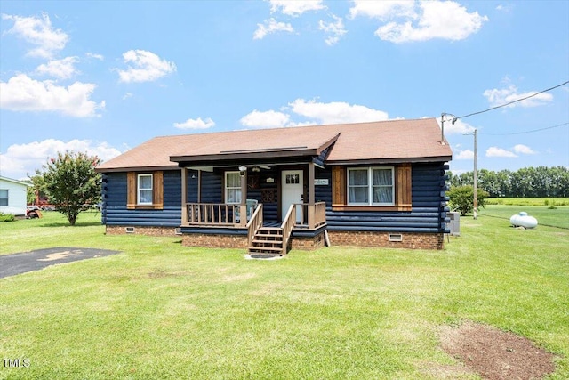 7323 Powell Hooks Rd, Lucama, NC 27851 - view of front of property with crawl space, covered porch, a front lawn, and log siding