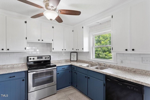 7323 Powell Hooks Rd, Lucama, NC 27851 - kitchen featuring stainless steel electric stove, black dishwasher, blue cabinets, light countertops, and decorative backsplash