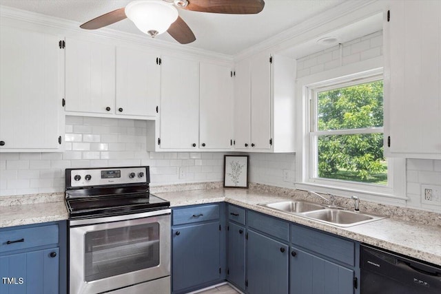 7323 Powell Hooks Rd, Lucama, NC 27851 - kitchen with stainless steel electric range, dishwasher, blue cabinetry, ceiling fan, and ornamental molding