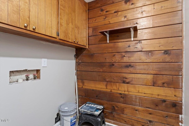 7323 Powell Hooks Rd, Lucama, NC 27851 - washroom with hookup for a washing machine, cabinet space, and wood walls